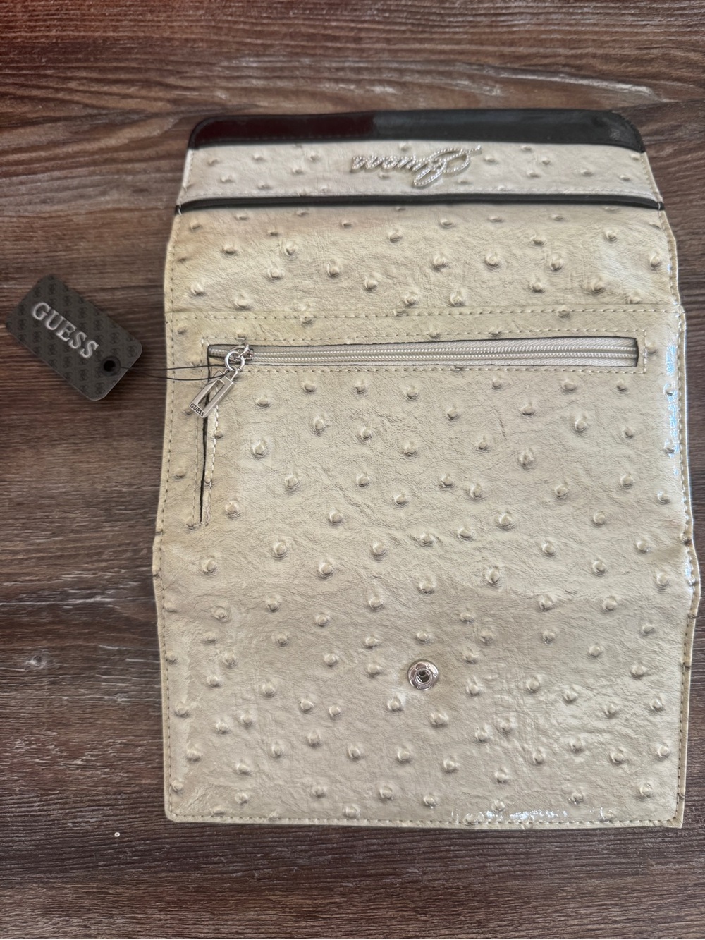 GUESS Cream Faux Ostrich Fold-Over Wallet - Picture 4 of 4